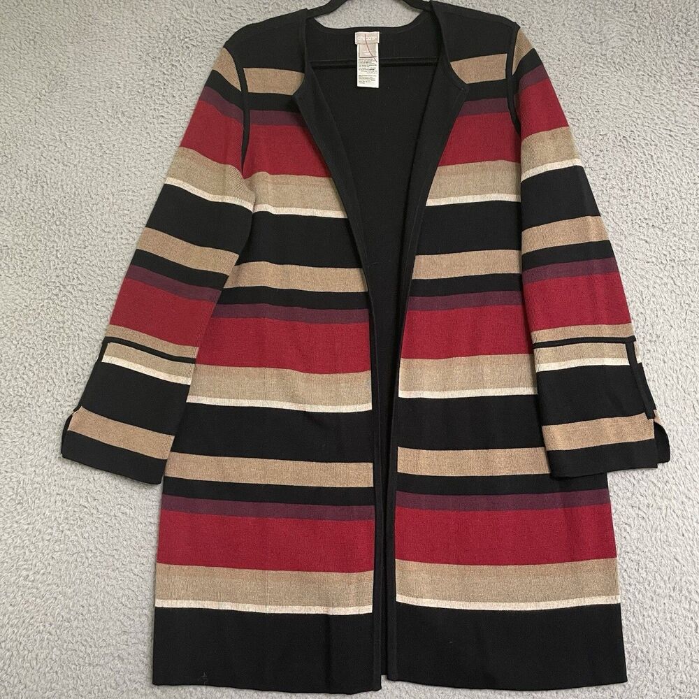 Chicos Reversible Black-Striped Longline Cardigan Size 2 / Large Open Front